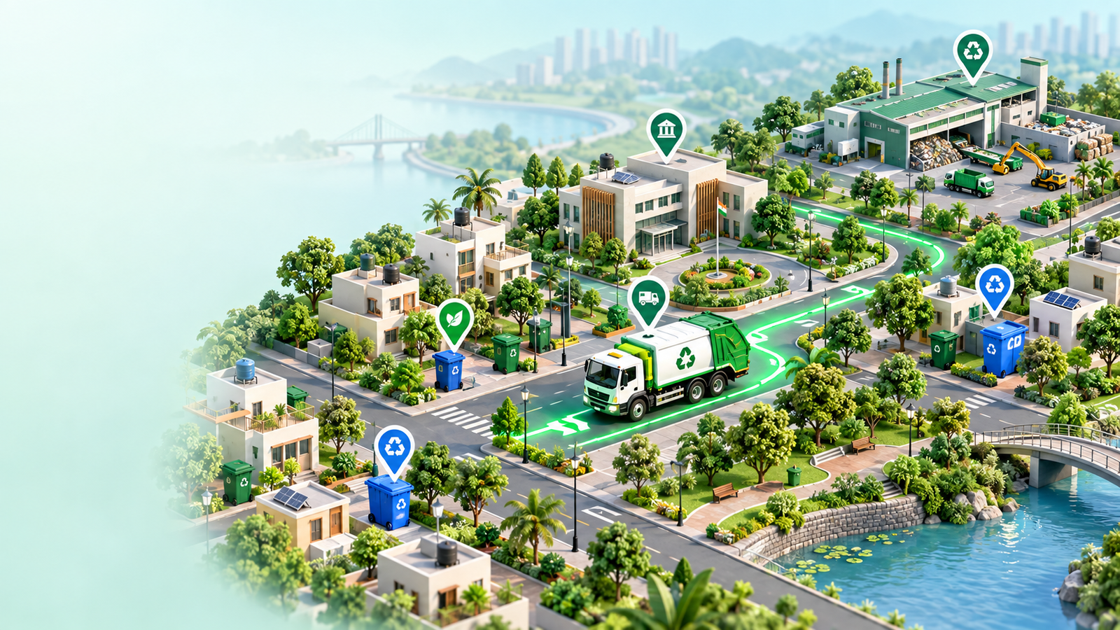 Illustrative SWM collection vehicle, segregation bins, neighbourhood and processing facility connected by a GPS route
