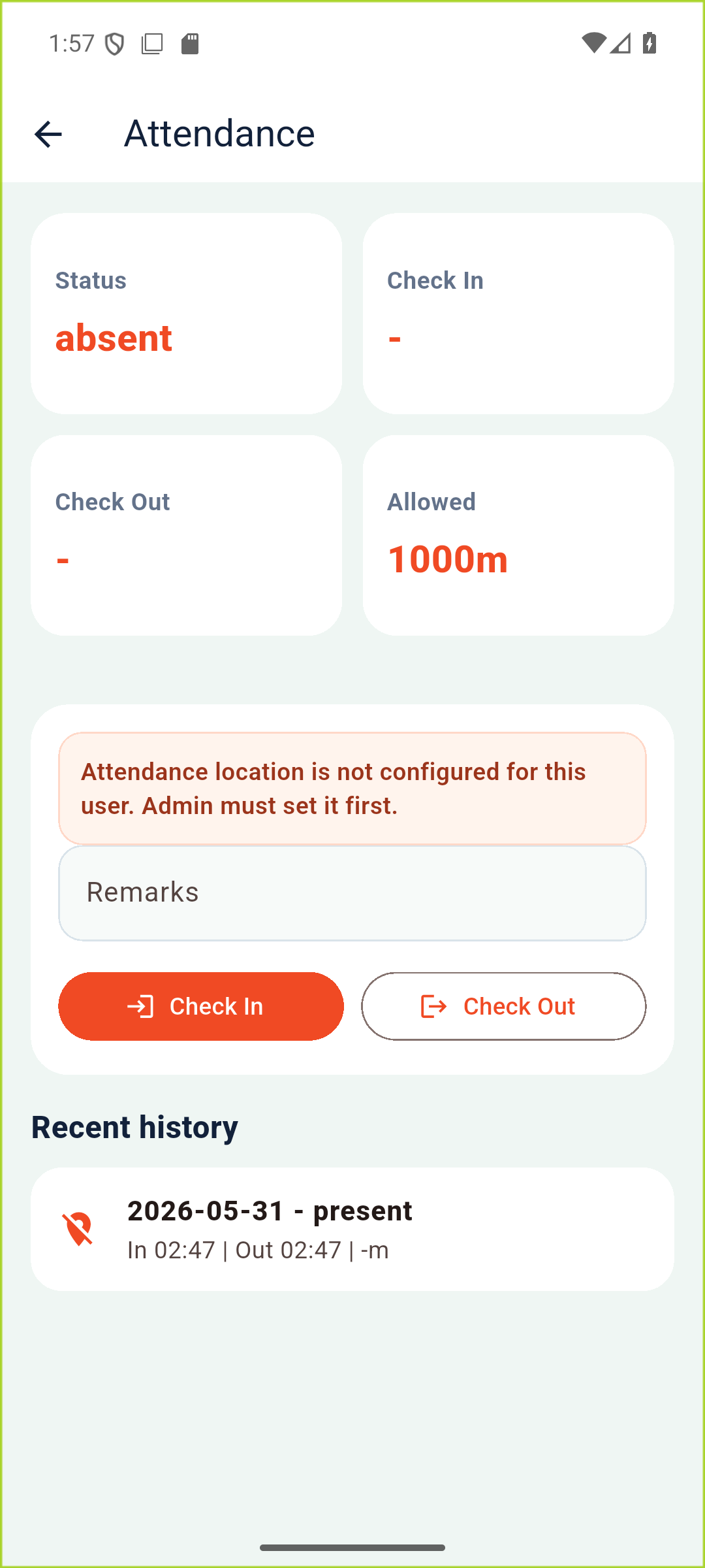 Mobile geo attendance screen