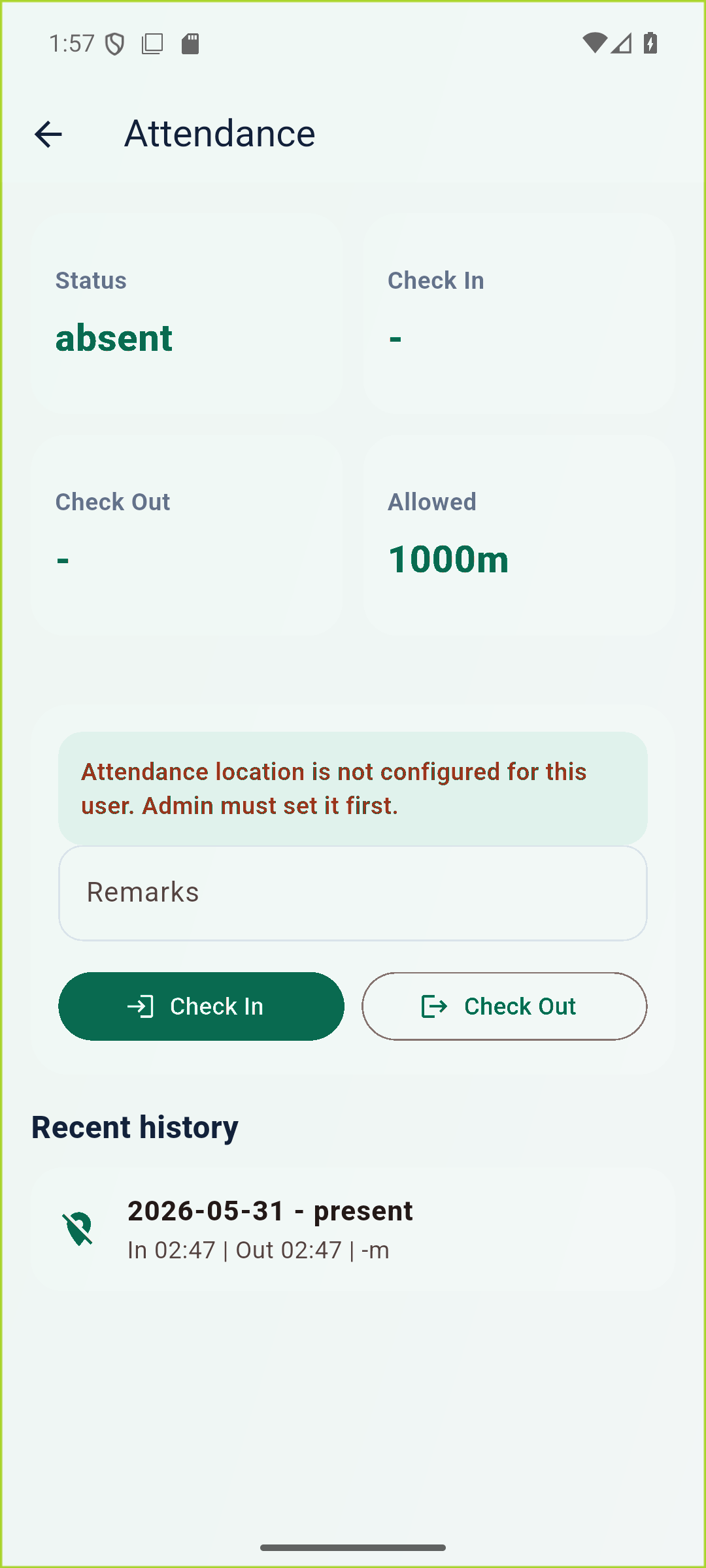 Mobile geo attendance screen