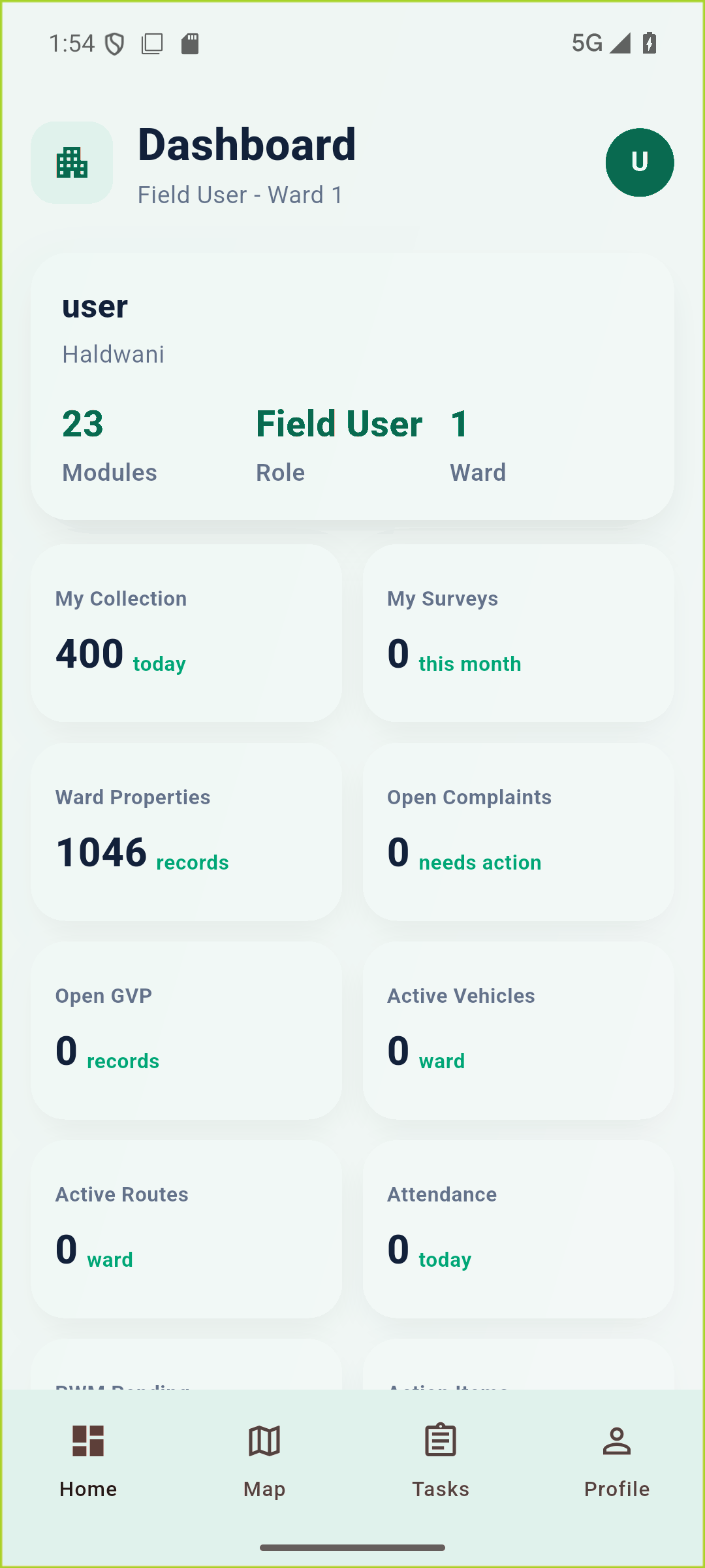 SWM mobile application dashboard
