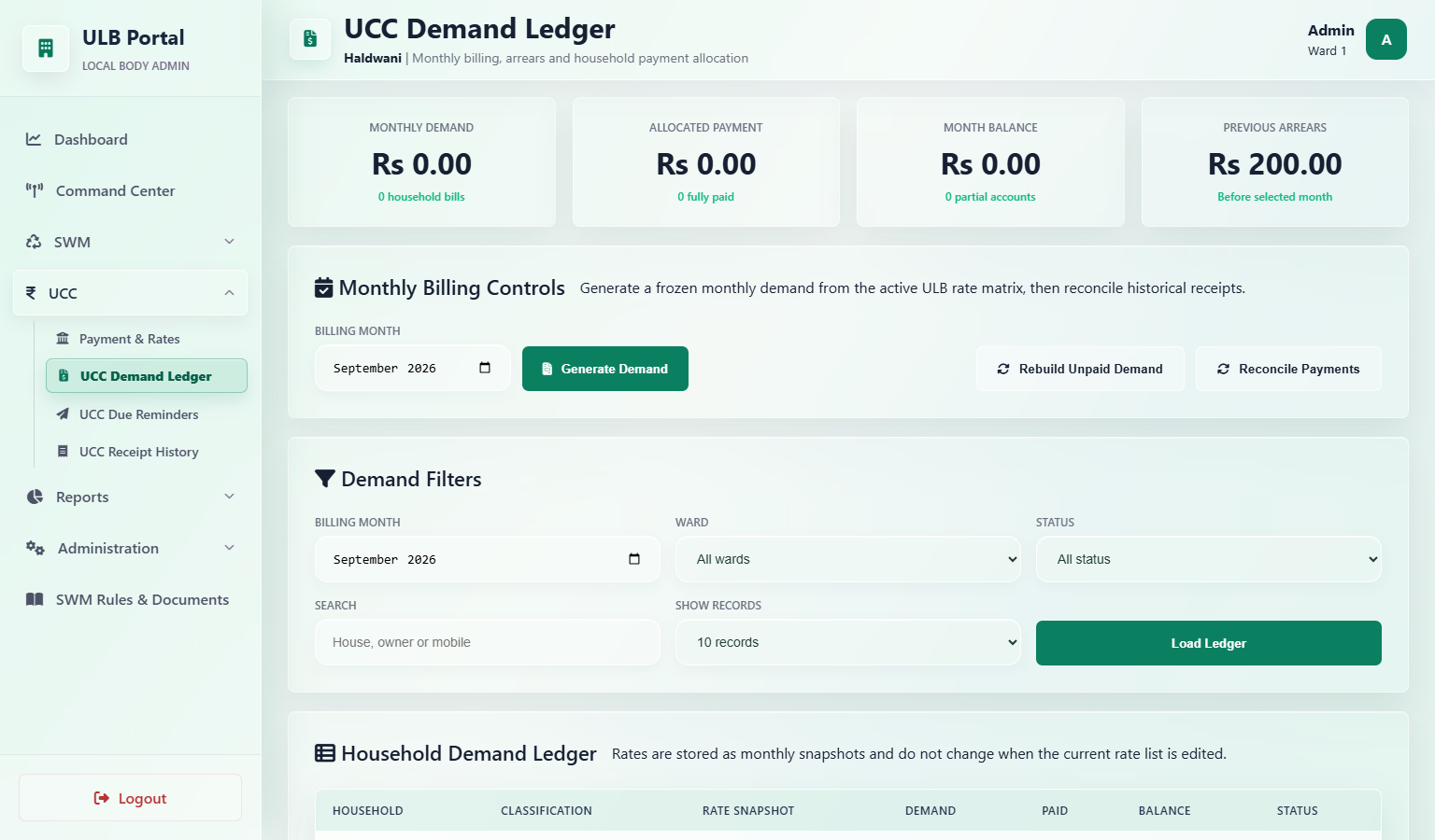 ULB user charge demand ledger and arrears monitoring