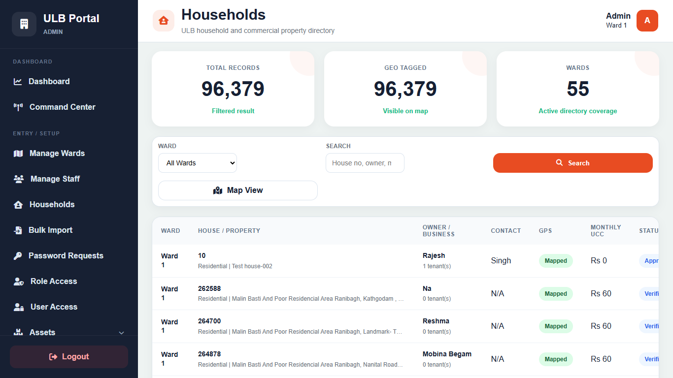 Municipal User Charge Collection Software portal screenshot