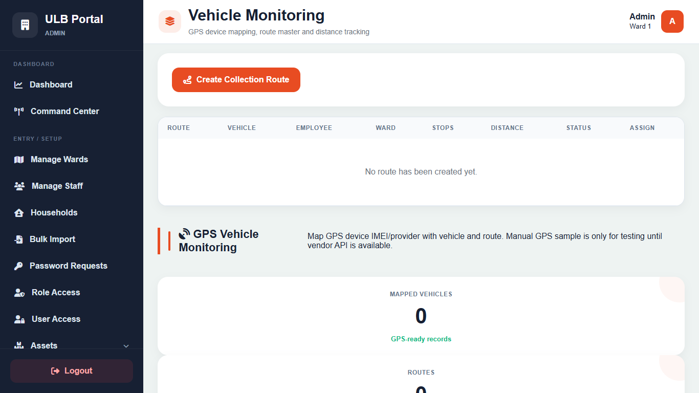 नगर निकाय कचरा वाहन रूट मॉनिटरिंग portal screenshot